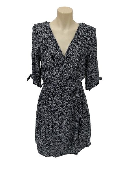 Decjuba Mini Wrap Dress Women AU 8 Black Floral Viscose 1/2 Tie Sleeve