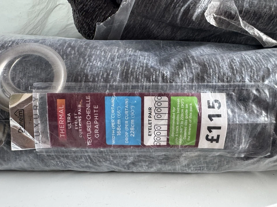 Large Dunelm ThermalFleece Interlined Textured Chenille Eyelet Graphite Curtains - Image 2 of 3