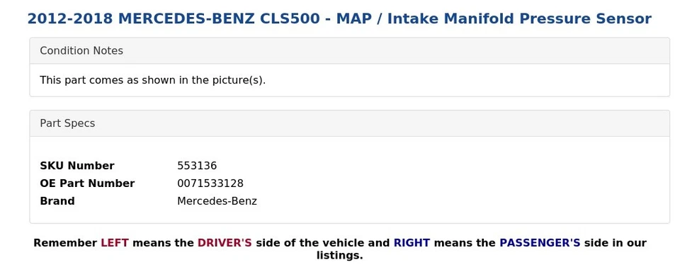 2012-2018 MERCEDES-BENZ CLS500 - MAP / Intake Manifold Pressure Sensor - Image 4 of 4