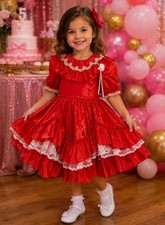 Vintage Red Lace Ruffled Party Dress Full Circle Homemade Girls Size 5/6
