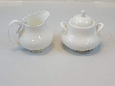 Fitz & Floyd Nevaeh White Sugar Bowl And Creamer With Lid And Spoon Bone China