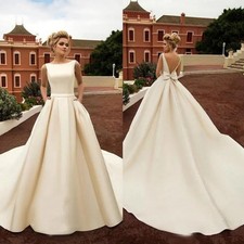 Beach Wedding Dresses Satin Bateau Neck Sleeveless Sweep Train Bridal Gowns
