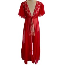 Vintage 60's Val Mode Red Sheer Lace Robe Peignoir Feminine Glam Pinup Fairy