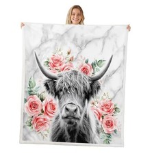 Highland Cow Flower Flannel Blanket Bull Cattle Sherpa Blanket Throw Multi 09