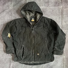 Men's Berne Black Lined Canvas Hooded Zip Up Distressed Active Work Jacket Sz L