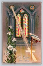 1909 Easter Postcard Julius Bien & Co Church Interior Stained Glass Lilies