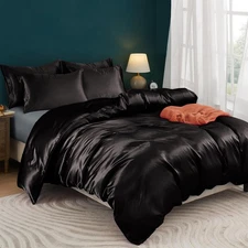 5 Pieces Satin Duvet Cover Set Size Black Duvet Cover with CornerTies