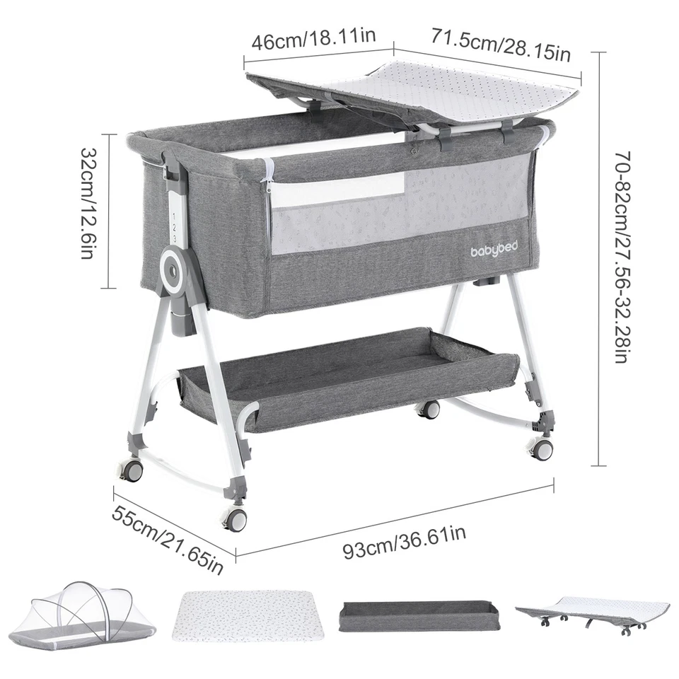 Sleeper Crib Bedside Baby Standard Folding Portable with Stand - Grey - Image 3 of 4
