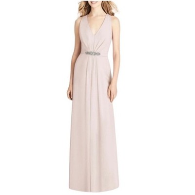 JENNY PACKHAM V-neck Cross Back Crystal Belt Blush Gown Size 6