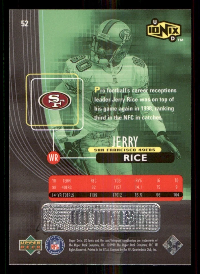 1999 UD Ionix #52 Jerry Rice - Image 2 of 2