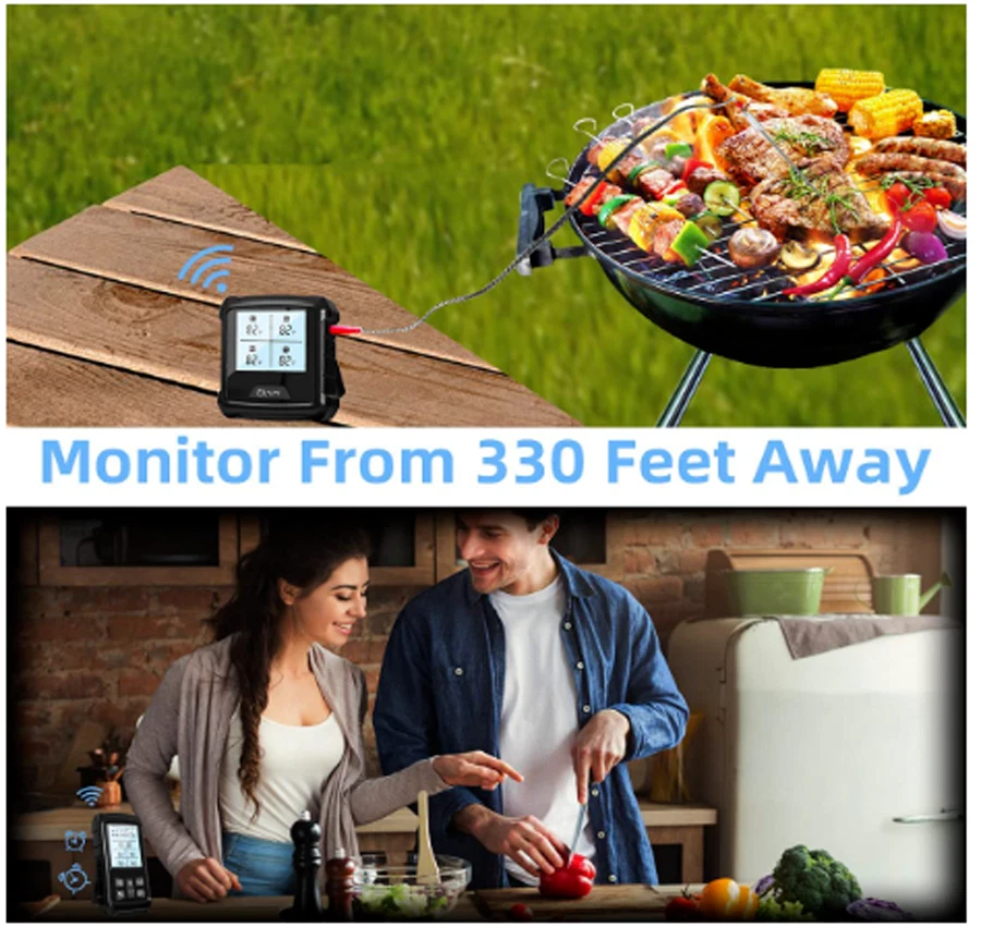 Bluetooth Meat Thermometer BBQ Cooking 4 Probes Rechargeable with Clock Timer
