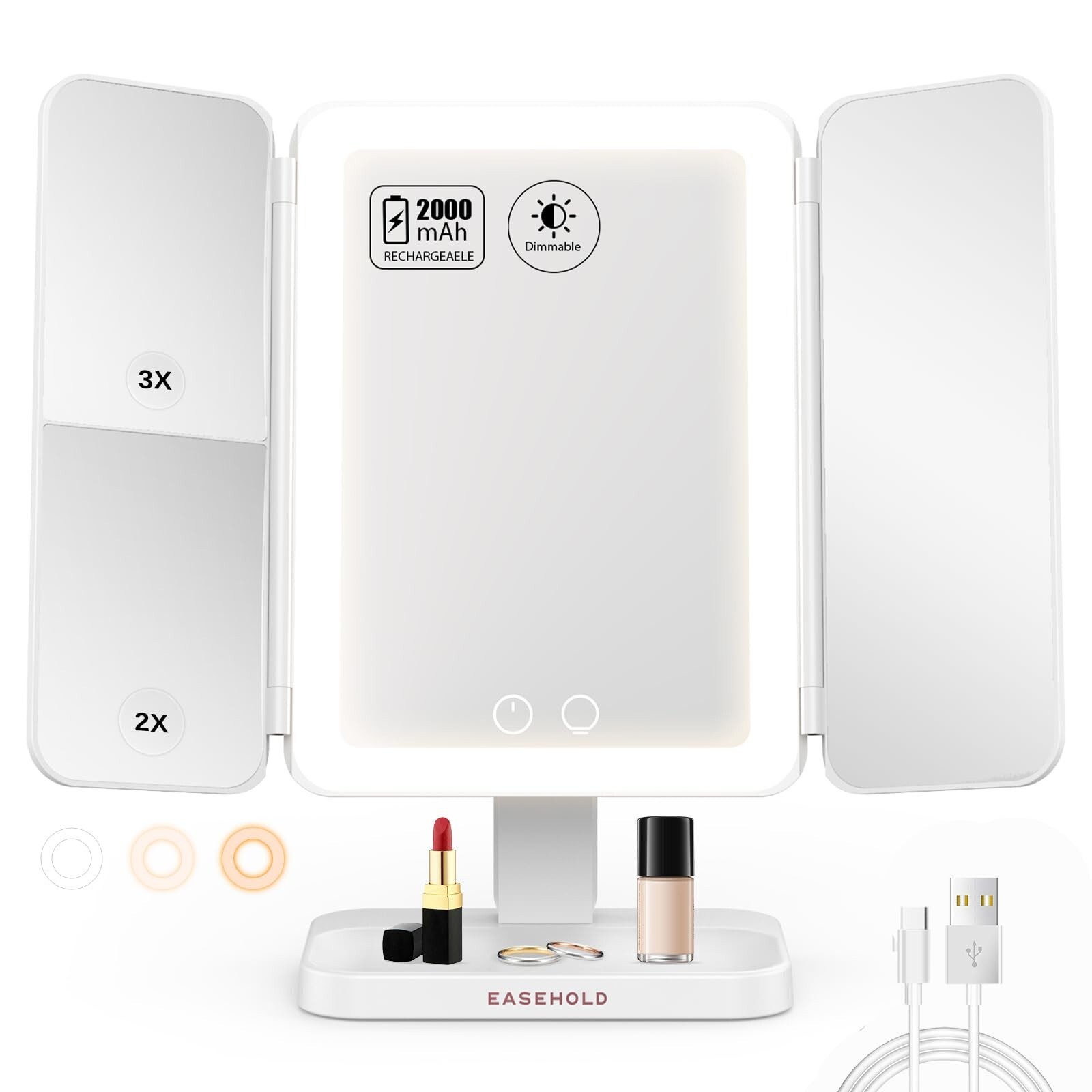 Rechargeable LED Makeup Mirror with Magnification and Touch Control-image