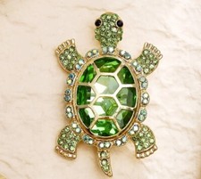 Turtle Brooch Pin Rhinestone Gold-Toned Enamel Unbranded 2"