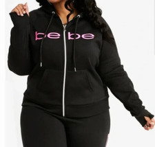 BEBE L133820 Womens Black Sport Rainbow Pink Logo Full Zip Hoodie Size L