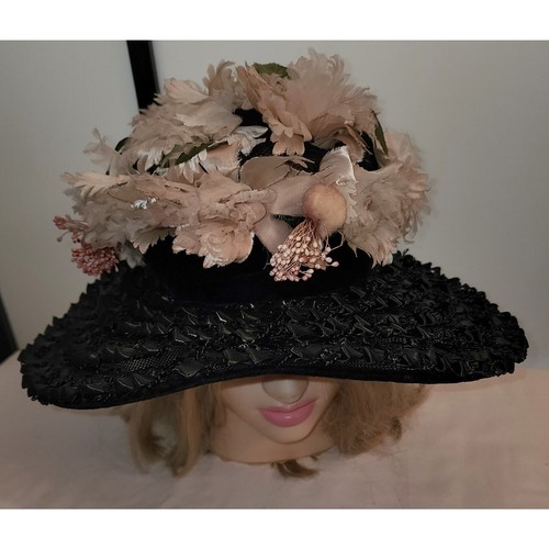 Vintage 50s Lg Black Straw Floral Platter Hat Pink White Mid Century 20.5 inches - Picture 2 of 10