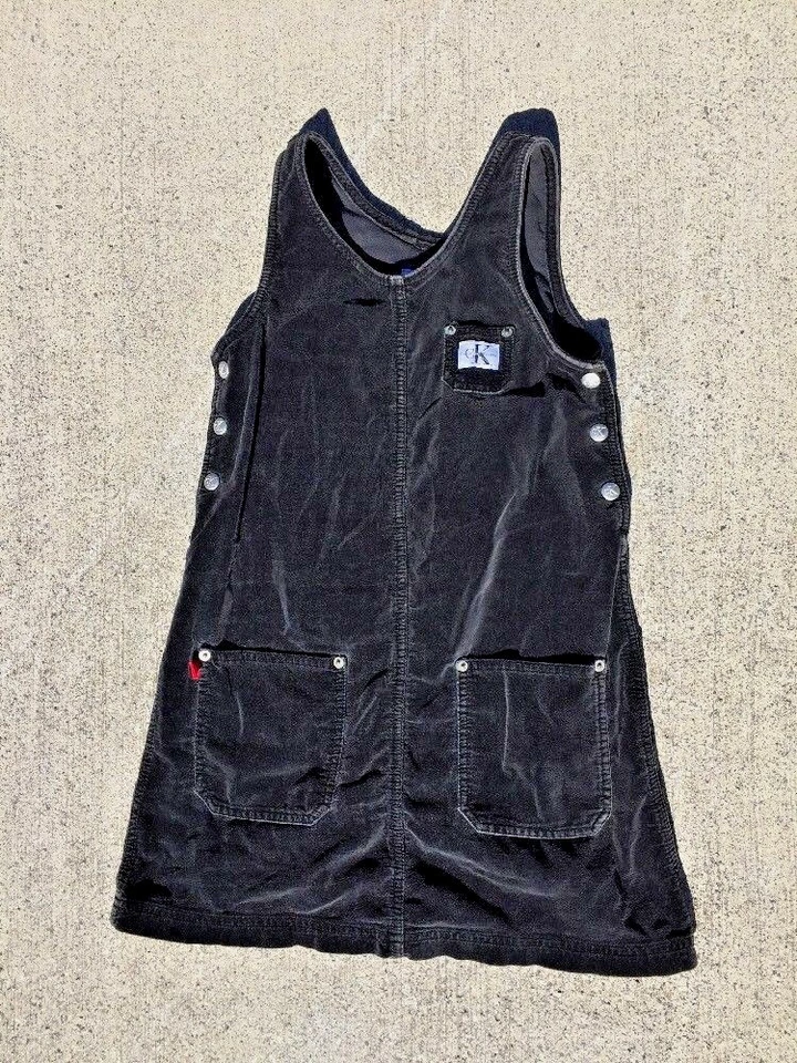 CALVIN KLEIN Vintage Jeans Negro Terciopelo Baberos ÚNICO Vestido Jersey Niñas Talla 12 Foto 2 de 4