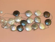 Flat COIN PEARL Gray Black White Adjustable NECKLACE STERLING Silver Long TJT