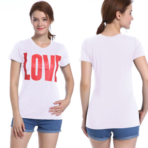 Women Gril Casual T Shirts Cute Love Letter Print Short Sleeve Summer Slim Top - Picture 3 of 24