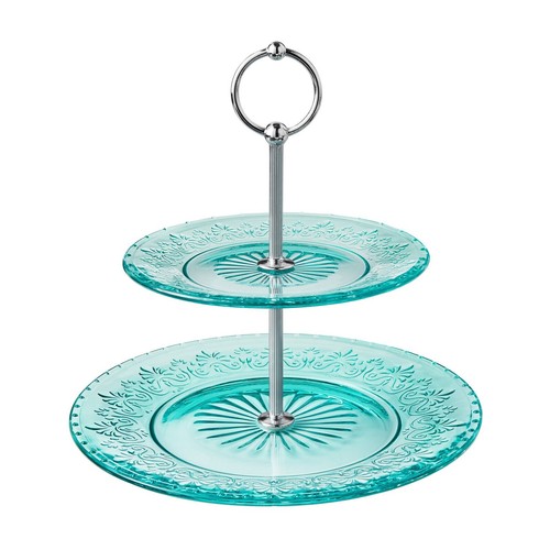 Pioneer Woman 2 Tiered Dessert Server Cassie Embossed Glass Teal or Clear U Pick - Picture 4 of 24
