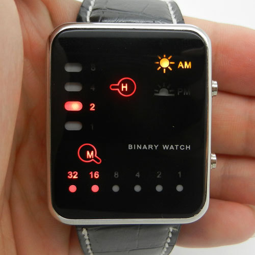 Red/Blue LED Binary Black/White Leather/Silicone Band Watch 889 Boy Girl Men - Picture 3 of 34