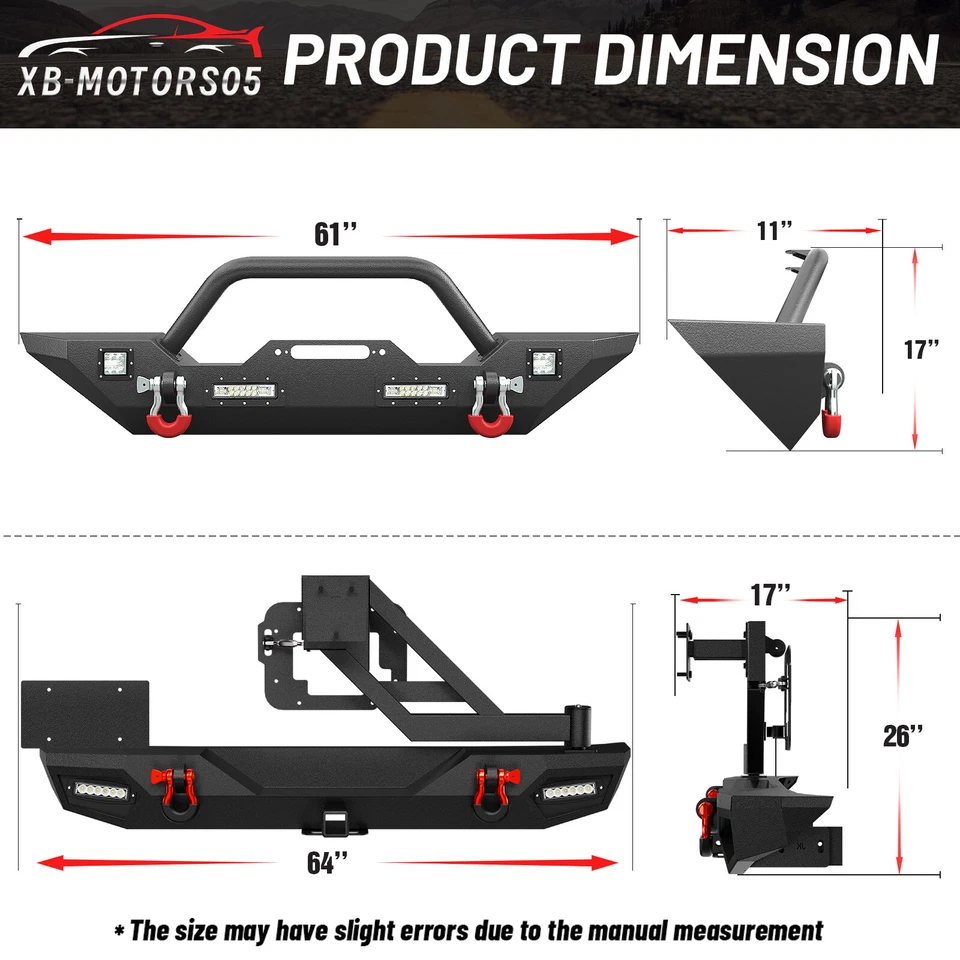 Front/Rear Bumper for 07-2018 Jeep Wrangler JK JKU Unlimited 2/4 Drs +LED Lights Foto 3 de 4