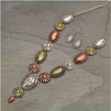 Long Western Multi-Color and Multi-Shaped Concho Necklace and Earring Set