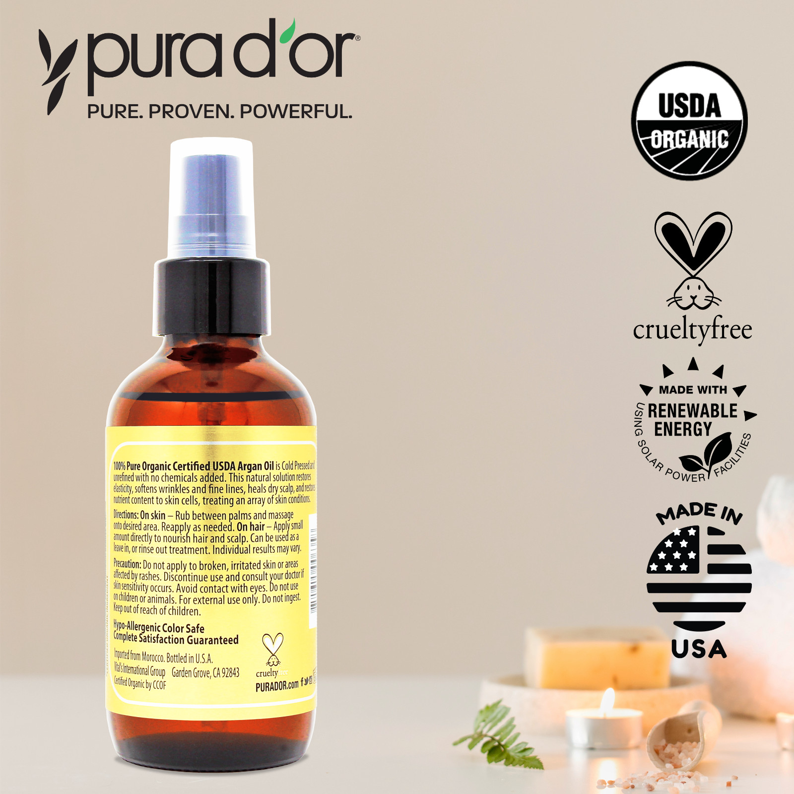 PURA D'OR Dor Moroccan Argan Oil 100% Pure Organic 4 fl oz, for Face Skin & Hair
