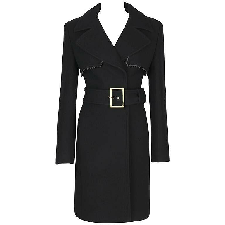 GIANNI VERSACE c.1990's Couture Black Wool Belted Coat Leather Zig