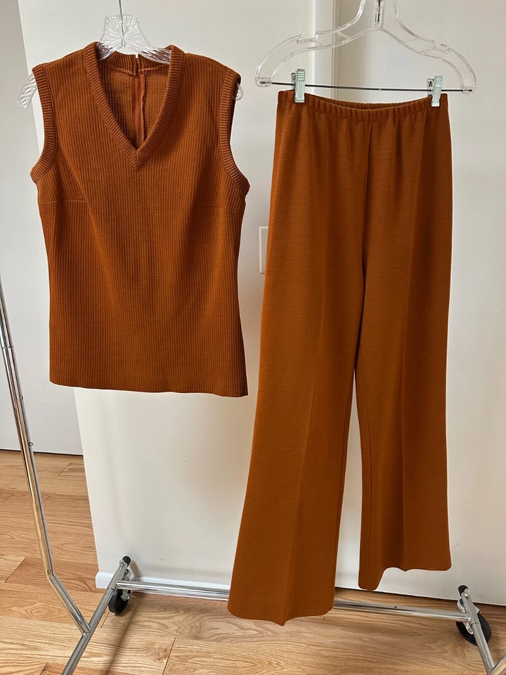 De Colección '50's - '70s Mod GoGo Disco Ocio Pantalón Traje Naranja Óxido Tejido 2 Piezas (S) Foto 2 de 4