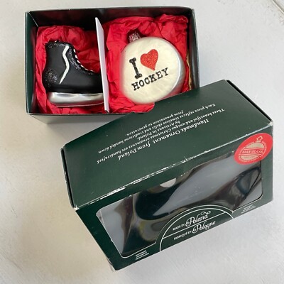 Max Glass Hockey Ornaments Set Ice Skate Handmade in Poland Glass Christmas