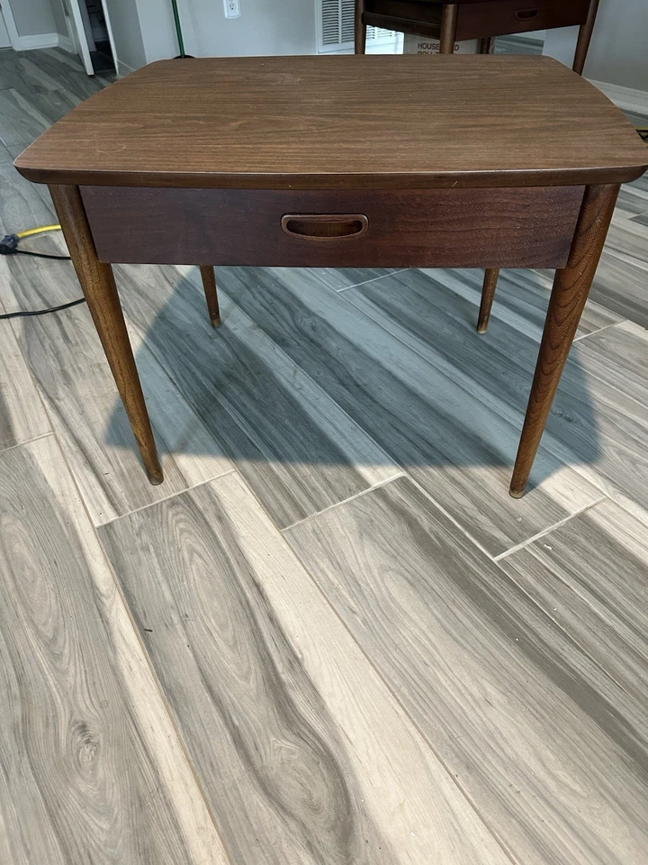 MCM LANE WALNUT END TABLE PAIR / Laminate Tops With Drawer / 1964 - Image 4 of 4