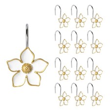Flower Shower Curtain Hooks White Gold Floral Resin Decor Hanger Rings 12 PCS