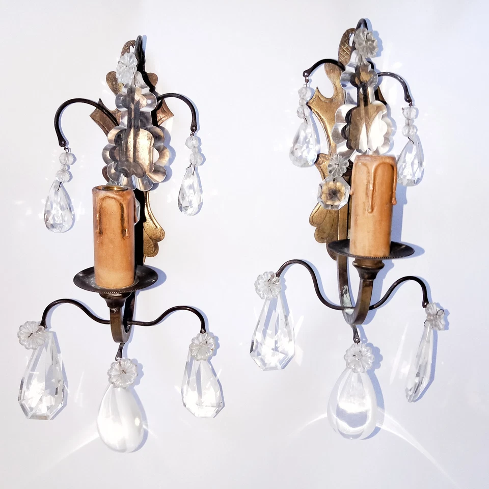 Paire Appliques Pampilles Cristal 2 Bras Metal circa 1920 dans leurs Jus - Photo 2/4