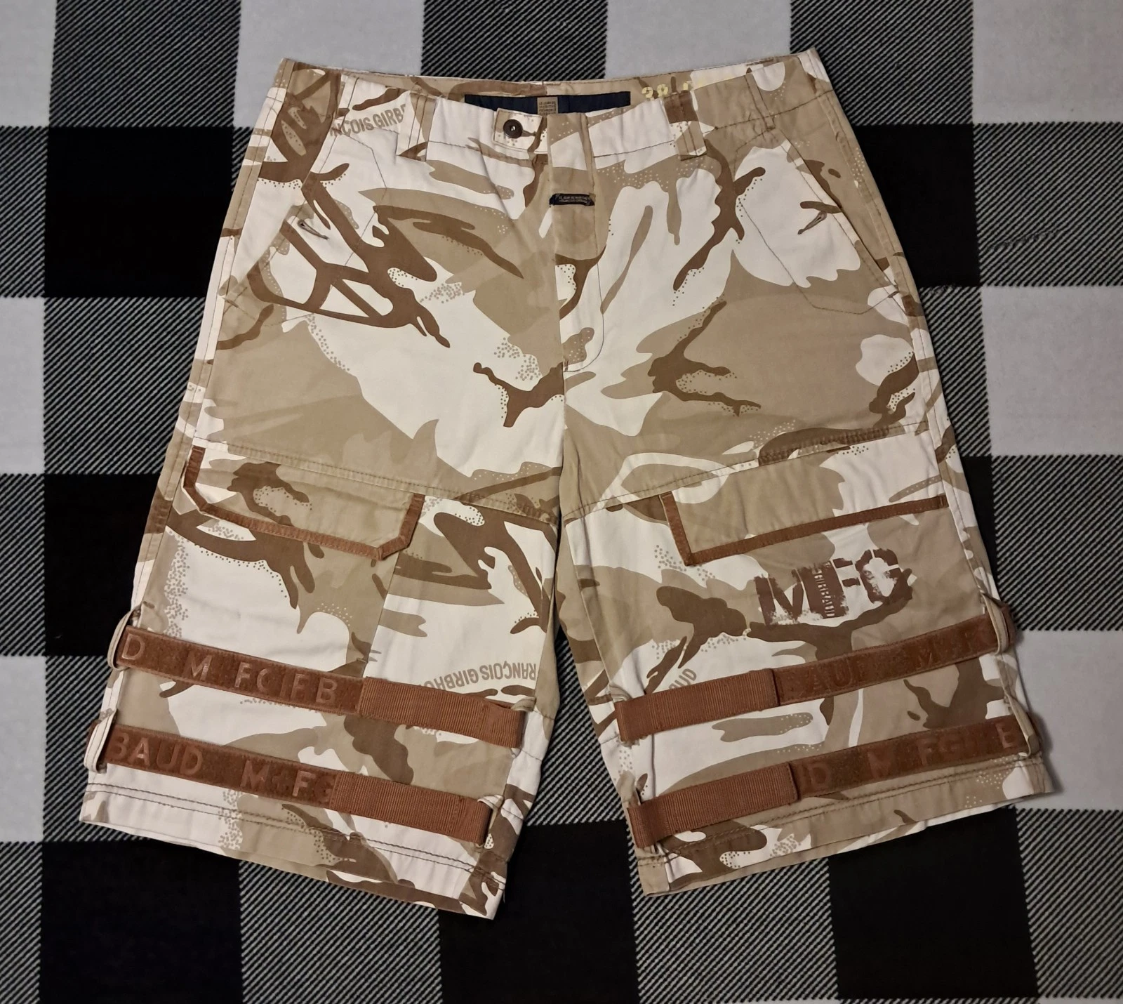 Marithe Francois Girbaud Denim Cargo Shorts, camo With Brown Shuttle Straps "38"