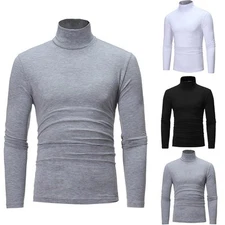 Mens Turtleneck Stretch Long Sleeve T-shirt Pullover High Neck Slim Basic Tops