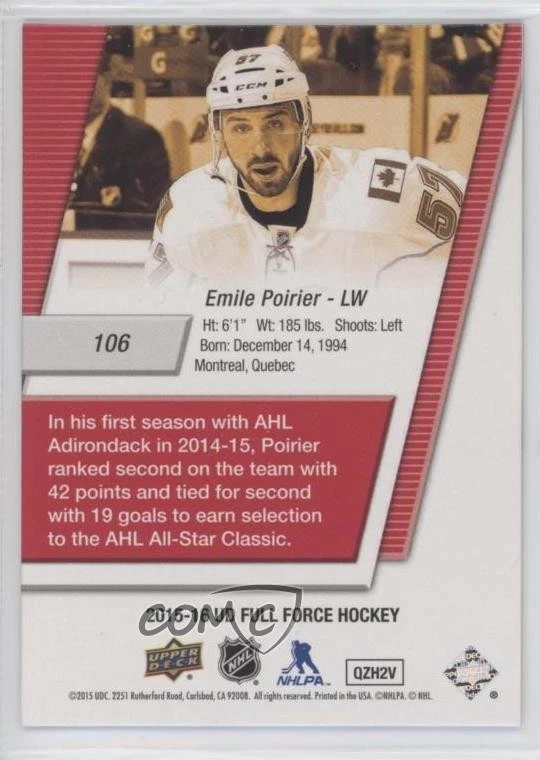 2015-16 Upper Deck Full Force 3D Freshman Emile Poirier #106 Rookie RC - Image 2 of 2