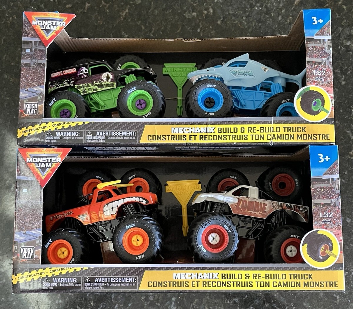 Monster Jam FULL SET 4 Mechanix Grave Digger Megalodon El Toro