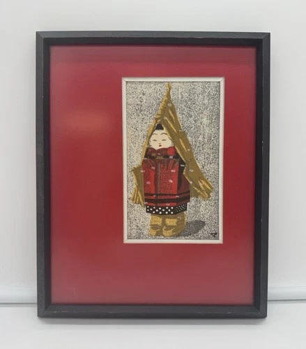 Vintage Japanese Woodblock Print Maeda Masao Child In Snow 1950s Framed Original