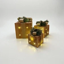 Alpine Christmas Lighted Gift Box Set 3 Pcs Wood Gold Ribbon Led Holiday Decor