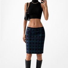 Vintage Y2K Blue Black Wool Blend Polka Dot Checkered Knee Length Pencil Skirt L