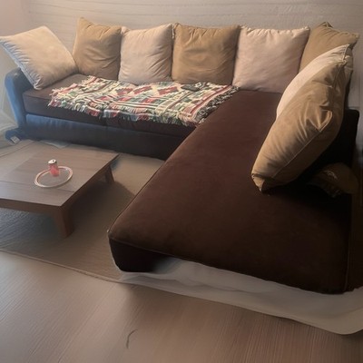 Contemporary Modern Sectional Sofa Brown Beige Fabric 4-Seater Two-Piece Used