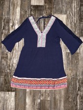 White Mark Dress Women's US Size L Large Blue Floral Trim V-Neck 3/4 Sleeve