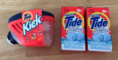 Tide Kick Dispenser & 2 sample size RapidAction Tabs Tide w Bleach UNUSED 2000/1