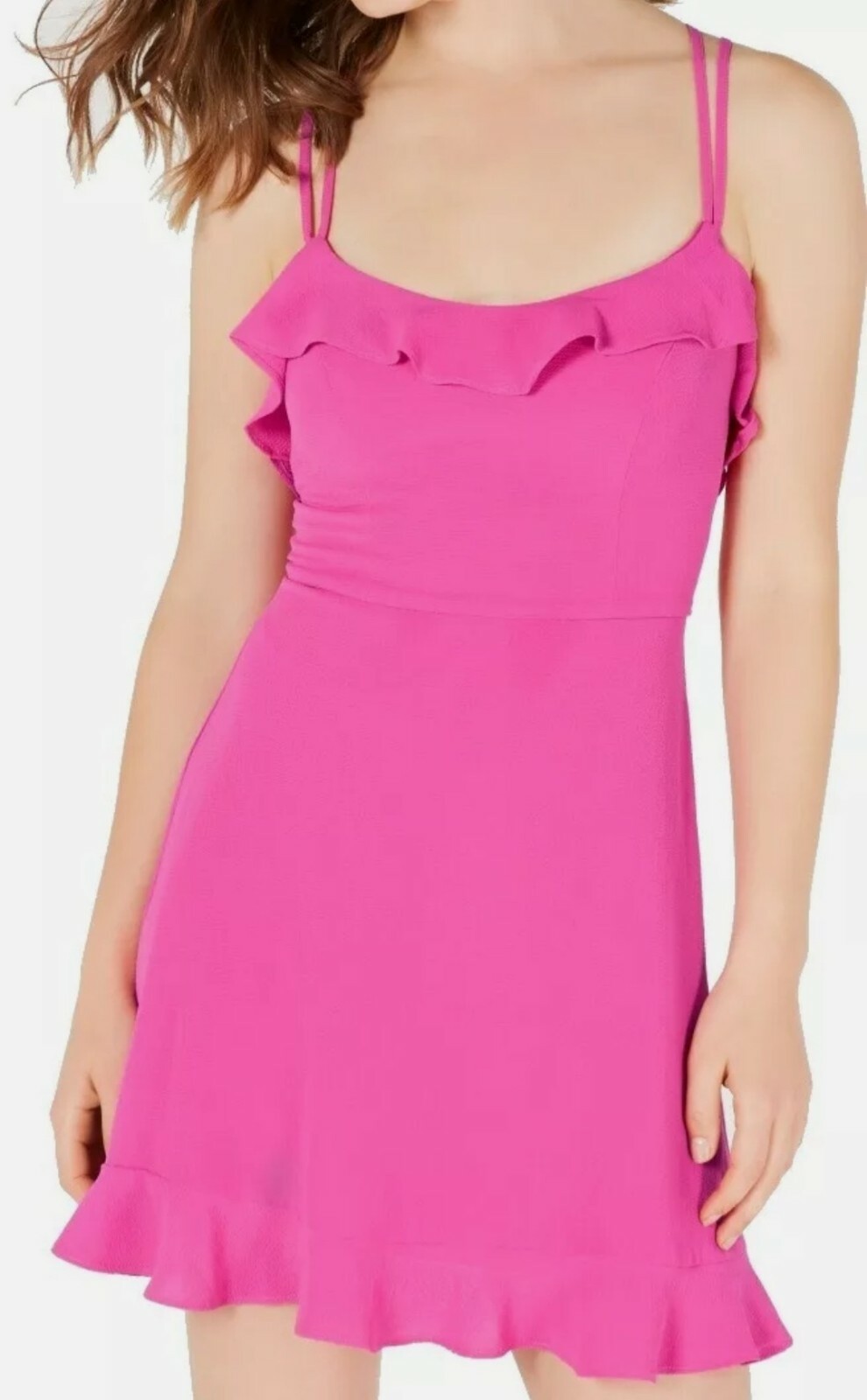 Macy's B.Darlin Juniors Dress Fuchsia Pink Crepe Ruffle Trim Strappy Back...