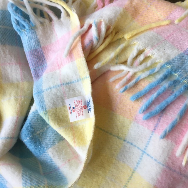 VTG Tennessee Woolen Mills Acrylic Baby Blanket Pastel Plaid Fringe