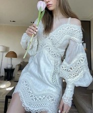 NWT $2,400 Zimmermann Postcard Lace Trim Embroidery Ivory Mini Dress AU0 XS