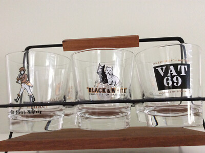 Glas Whiskey Scotch Johnny Walker 50/60er String-Träger Teak