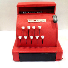 VINTAGE TOM THUMB TOY TIN CASH REGISTER RED 1970's FOR PARTS OR REPAIR