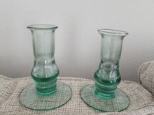 Handblown Mexico 4” Art Glass Candle Sticks Pale Green Smoke Free Home