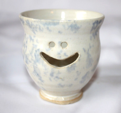 Studio Art Pottery Egg Separator Smiley Face Artist Signed Blue Sponge Ware
